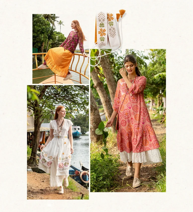 A woman wearing layers of clothing from Gudrun Sjödén.