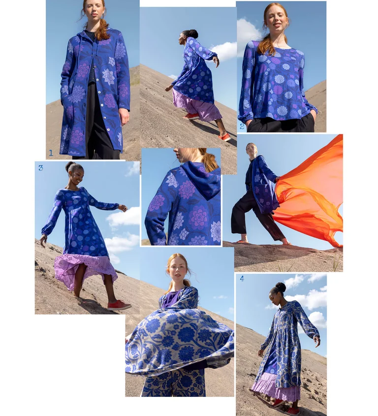 A collage of women wearing patterned purple-blue clothing from Gudrun Sjödén.