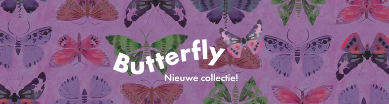 Illustratie van kleurrijke vlinders op een paarse achtergrond met de tekst "Butterfly Nieuwe collectie!".