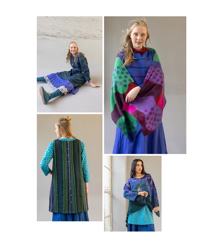 A woman sitting under a red, patterned blanket from Gudrun Sjödén’s 2025 Christmas Home collection.
