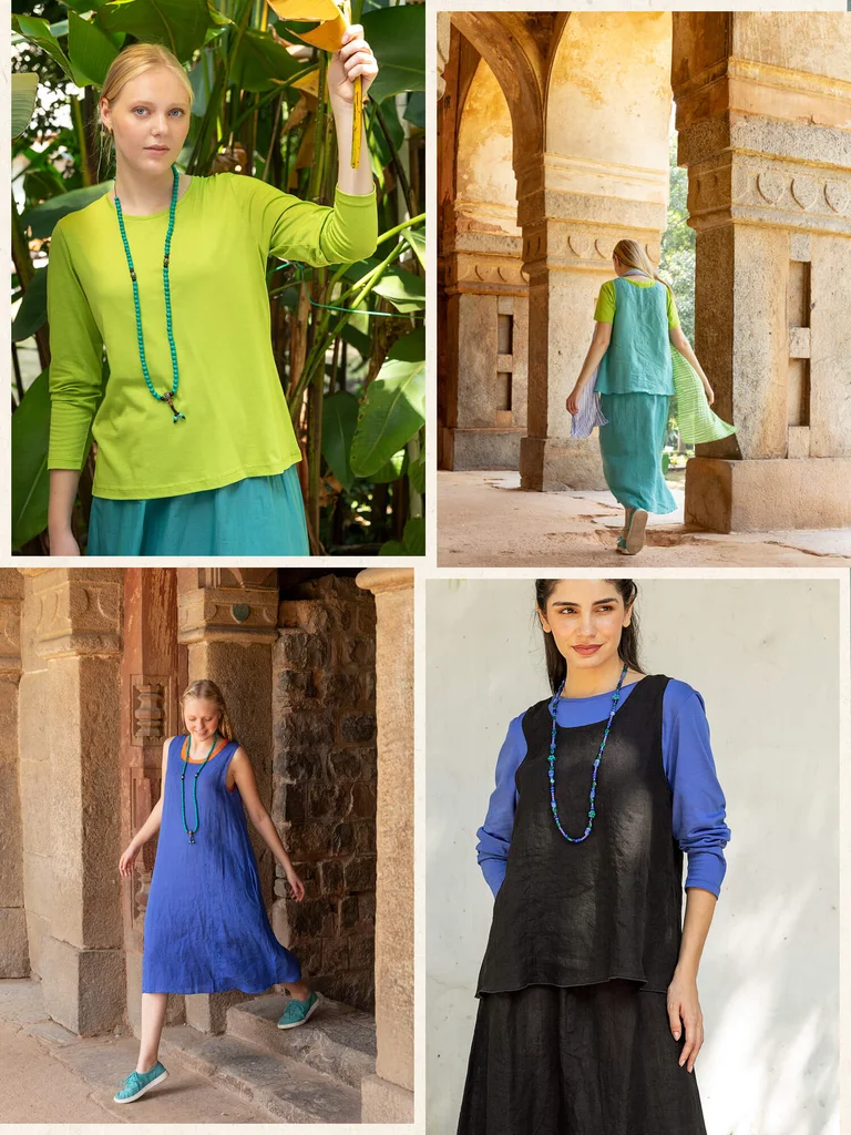 A collage with women wearing solid-colored clothing from Gudrun Sjödén.