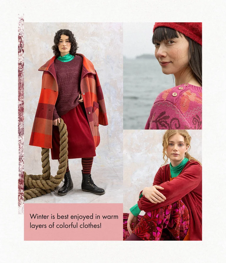 A collage of women wearing colorful clothing from Gudrun Sjödén’s winter collection.