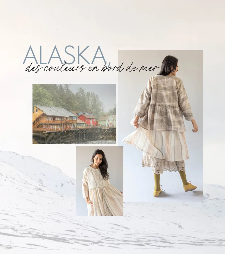 A collage with a snowy landscape, colourful houses and women wearing clothes from Gudrun Sjödén’s 2025 Christmas collection.