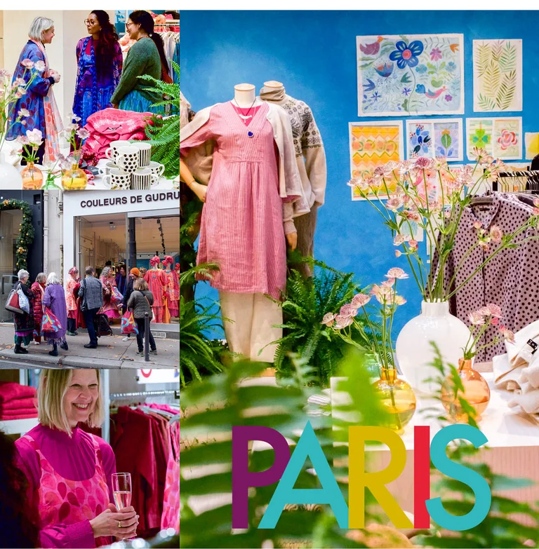 Ett kollage med bilder från Gudrun Sjödéns butik i London.