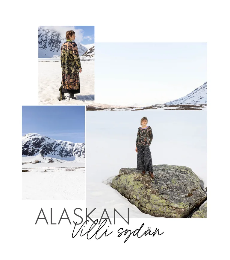 Kollaasi, jossa luontokuvia ja Gudrun Sjödénin vuoden 2025 joulumalliston vaatteisiin pukeutuneita naisia.