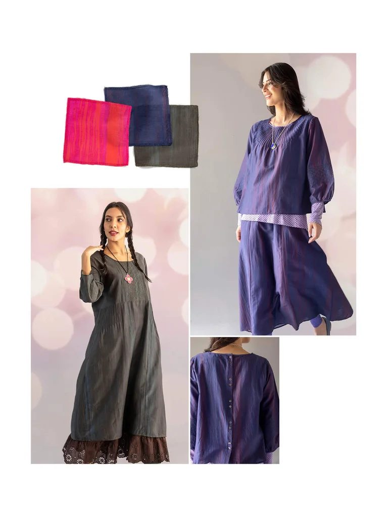 Un collage avec des coupons de tissu et des images de femmes portant des vêtements de fête provenant de la collection de Noël 2025 de Gudrun Sjödén.