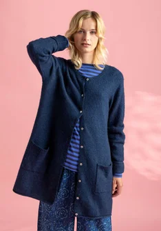 Lang cardigan i uld/bomuld/alpaka - blåmusling