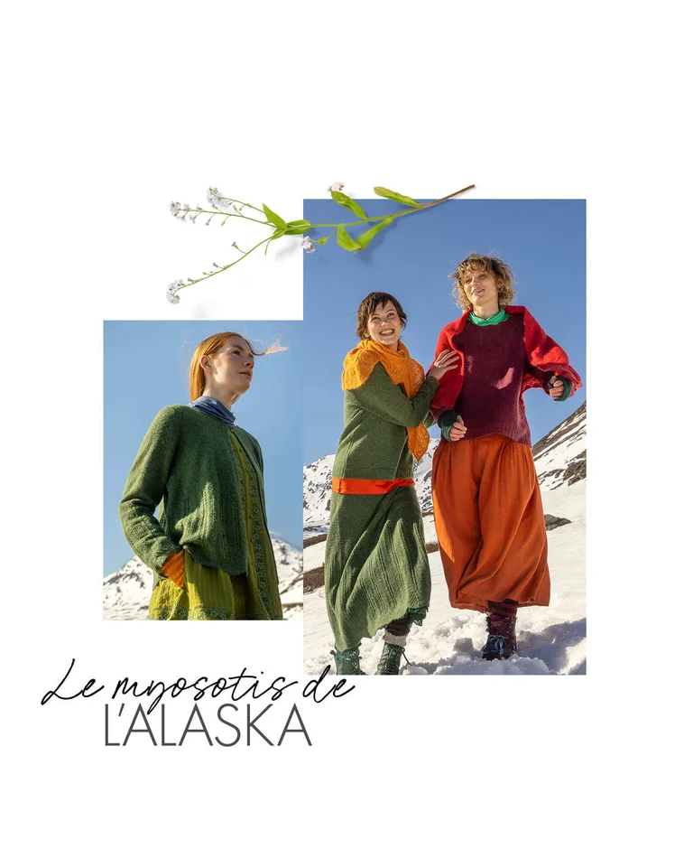 Un collage avec des femmes en extérieur, dans la neige, portant des vêtements colorés provenant de la collection de Noël 2025 de Gudrun Sjödén.