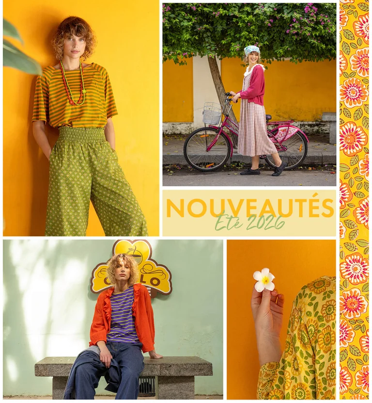 Un collage avec différentes photos de femmes portant des vêtements d'été colorés et à motifs signés Gudrun Sjödén.