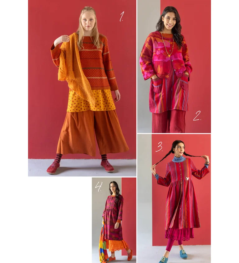 A collage with images of various red and orange garments from Gudrun Sjödén’s 2025 Christmas collection.