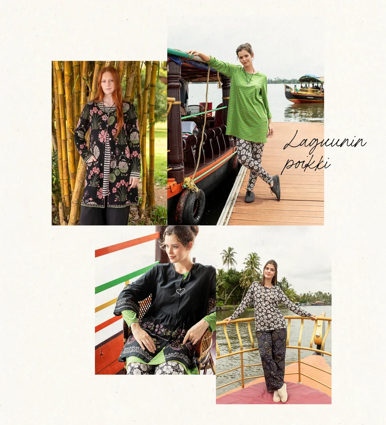 A collage of a woman wearing green clothing and a necklace from Gudrun Sjödén.