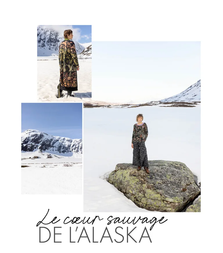 Un collage avec des photos de nature et de femmes portant des vêtements provenant de la collection de Noël 2025 de Gudrun Sjödén.