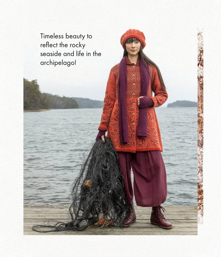 A woman wearing an orange knit cardigan and beret from Gudrun Sjödén.