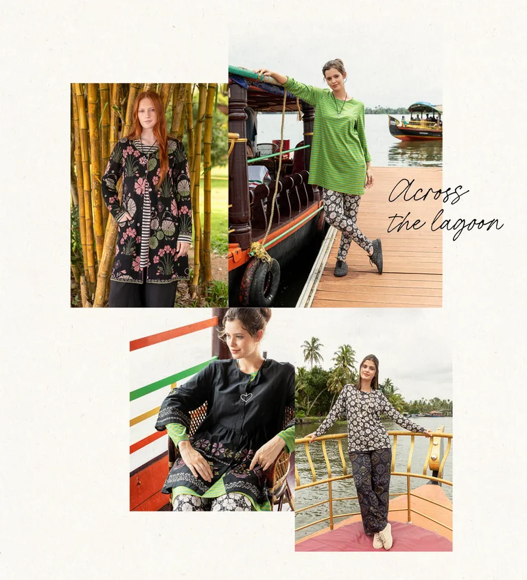 A collage of a woman wearing green clothing and a necklace from Gudrun Sjödén.