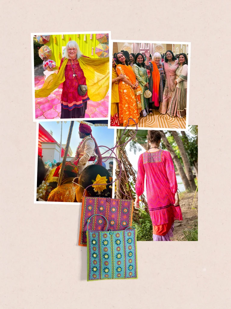A collage of pictures of clothing from Gudrun Sjödén combined with pictures from Gudrun’s trip to India.