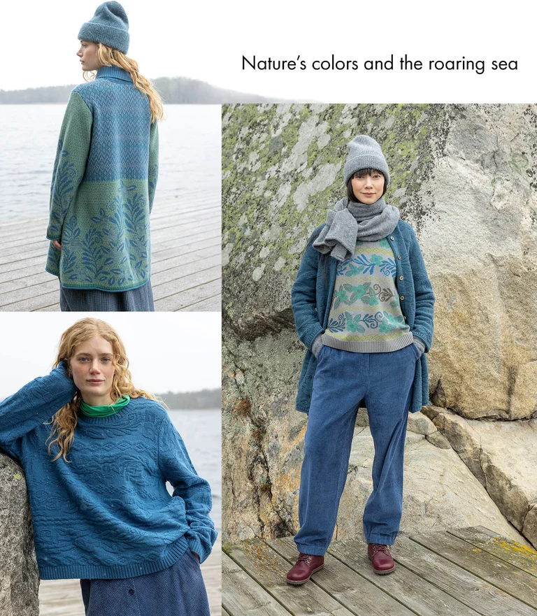 A collage of women wearing clothing from Gudrun Sjödén’s winter collection.