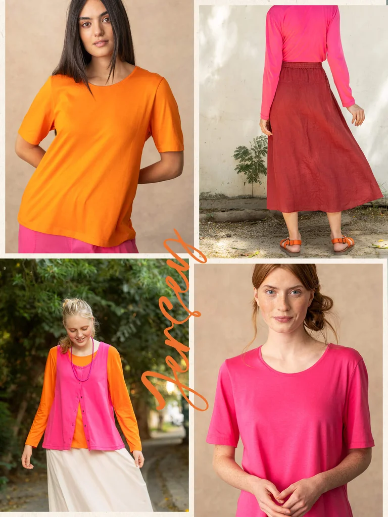 A collage with women wearing layers of patterned clothing from Gudrun Sjödén.