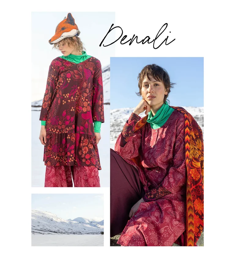 Kuvakollaasi, jossa luontokuva ja kaksi kuvaa naisista, jotka ovat pukeutuneet Gudrun Sjödénin vuoden 2025 joulumalliston vaatteisiin.