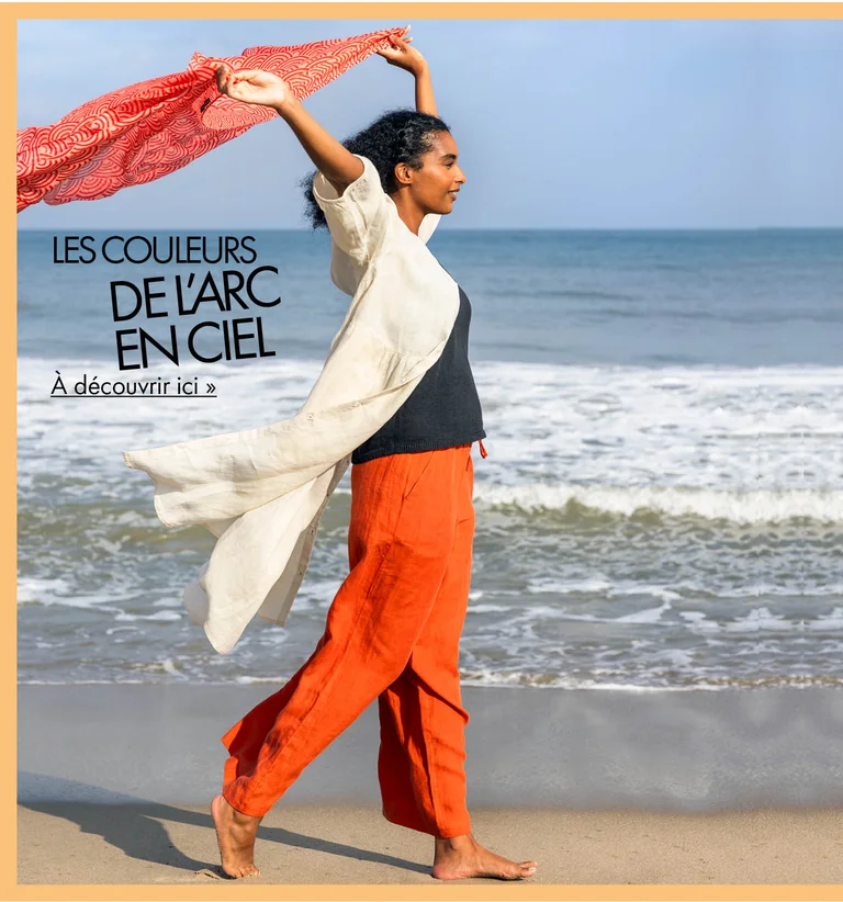 Un collage avec différentes photos de femmes à la plage portant des vêtements d'été colorés signés Gudrun Sjödén.