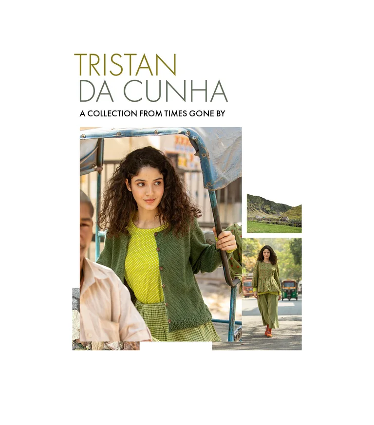 Two pictures of women wearing green clothing from Gudrun Sjödén’s winter collection.