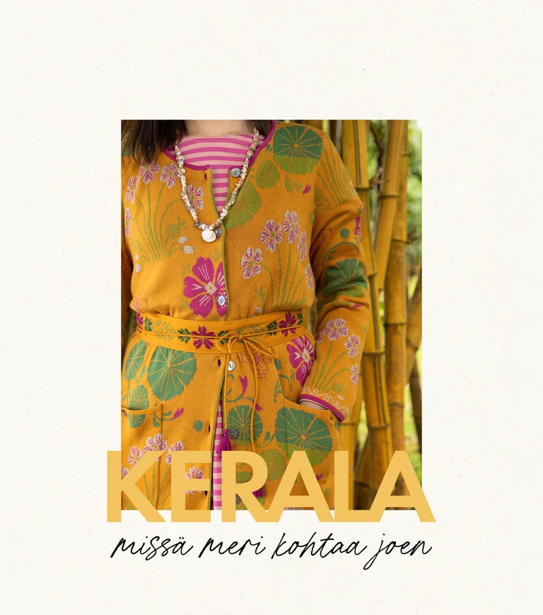 A woman wearing a patterned dress and an open dress from Gudrun Sjödén.