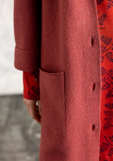Long cardigan in felted organic wool - dusty red/melange