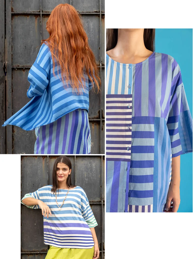 A collage of three pictures showing striped blue garments from Gudrun Sjödén.