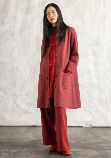 Long cardigan in felted organic wool - dusty red/melange