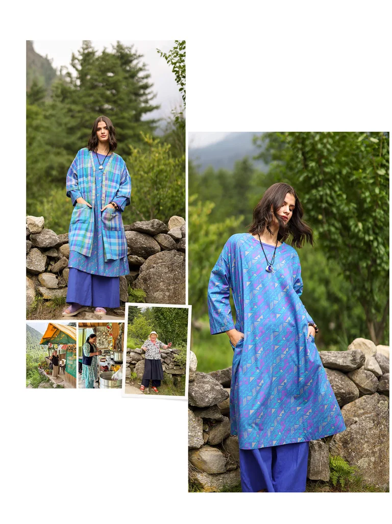 A collage of women wearing layers of blue clothing from Gudrun Sjödén.