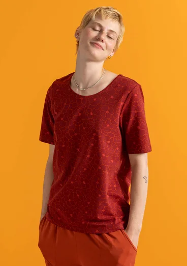Jerseybluse ”Theia” i økologisk bomuld/elastan - mørk agatrød/mønstret