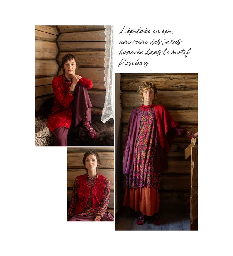 A collage of women wearing red clothes from Gudrun Sjödén’s 2025 Christmas collection.