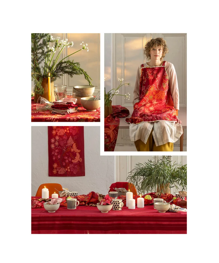 A collage of red home textiles from Gudrun Sjödén’s 2025 Christmas Home collection.