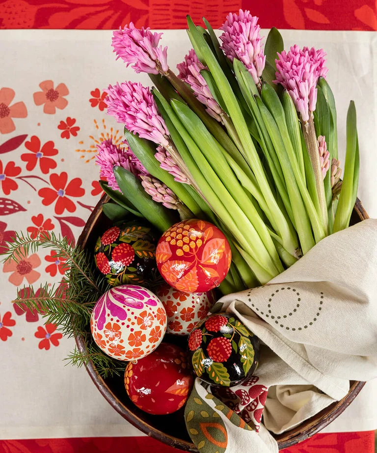 A bowl with patterned baubles from Gudrun Sjödén. 