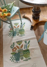 “Flower pots” organic cotton printed hallway mat - dusty green
