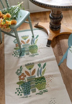 “Flower Pots” printed hallway runner in organic cotton - dusty green