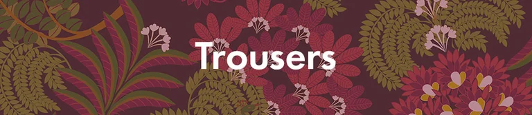 A red-yellow pattern with the word “trousers” in white.