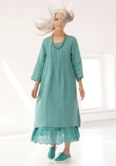 “Vera” woven dress in linen - teal/patterned