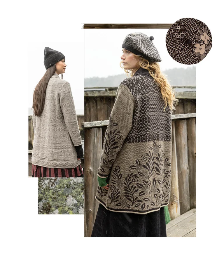 A collage showing women wearing knitwear from Gudrun Sjödén. The collage includes a standout image of a knitted beret from Gudrun Sjödén.