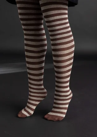 Striped organic cotton tights - French roast/dark natural