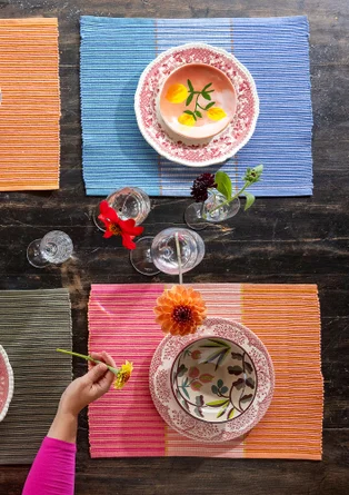 “Fence” place mat in organic cotton - dark peony