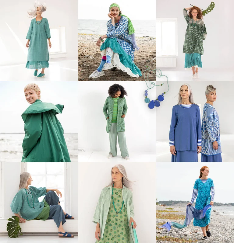 A collage of women wearing colourful clothes from Gudrun Sjödén’s essentials collection. 