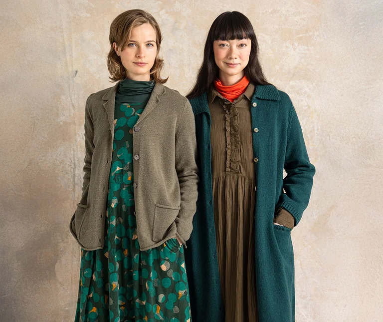 Two women next to each other wearing clothes from Gudrun Sjödén’s Essentials collection.