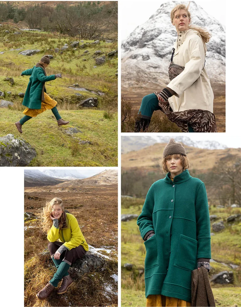 A collage of pictures showing women in outerwear from Gudrun Sjödén.