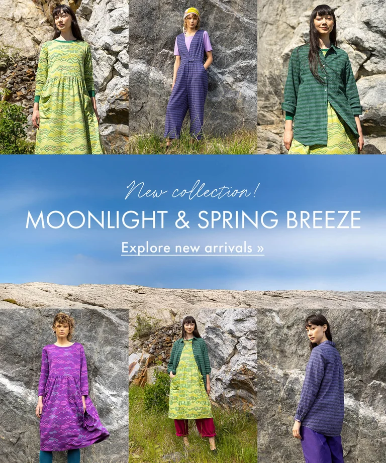 A collage of women outdoors wearing clothes from Gudrun Sjödén’s 2026 Spring collection.