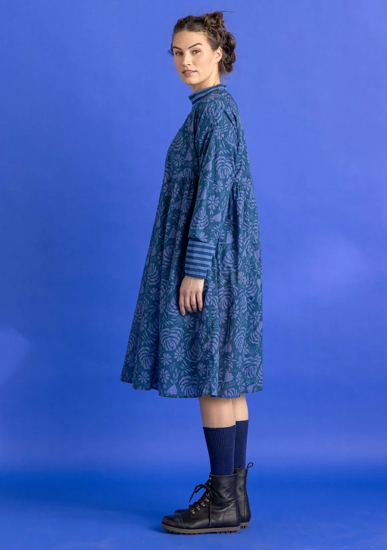 “Hedda” woven organic cotton dress - dark petrol blue/patterned