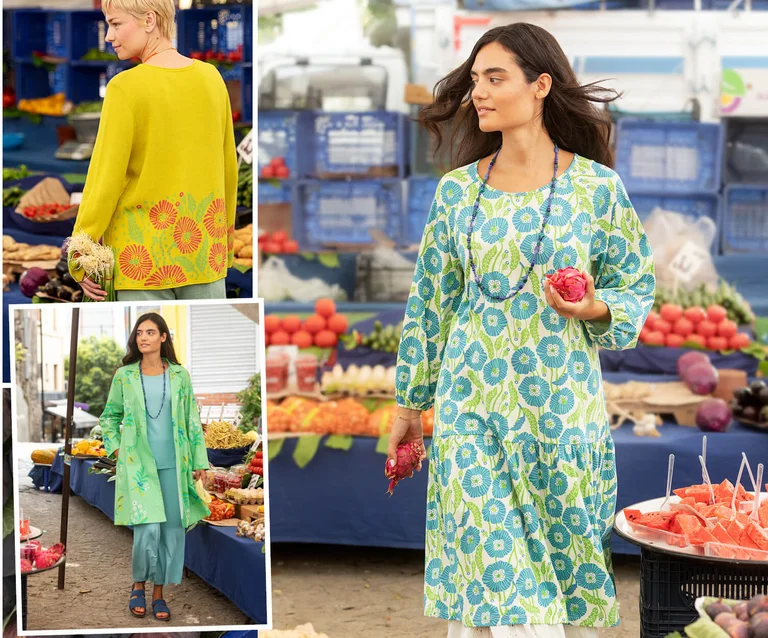 A collage of women wearing colorful patterned clothing from Gudrun Sjödén. 