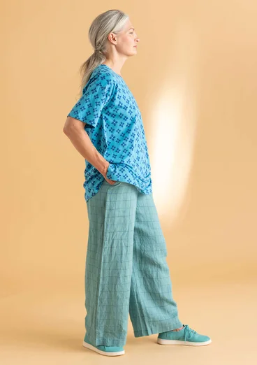 “Vera” woven pants in linen - teal/patterned