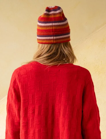 Recycled wool/lambswool beanie - tomato/striped