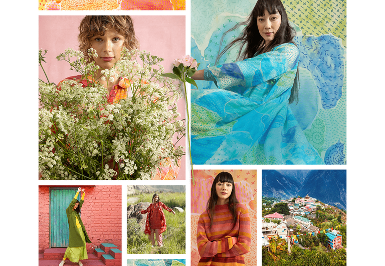 A collage showing women wearing red outerwear from Gudrun Sjödén.