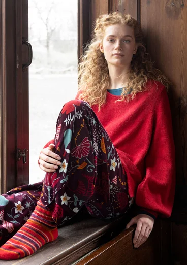 “Fyrverkeri” velour pants in organic cotton/recycled polyester - aubergine/mønstret